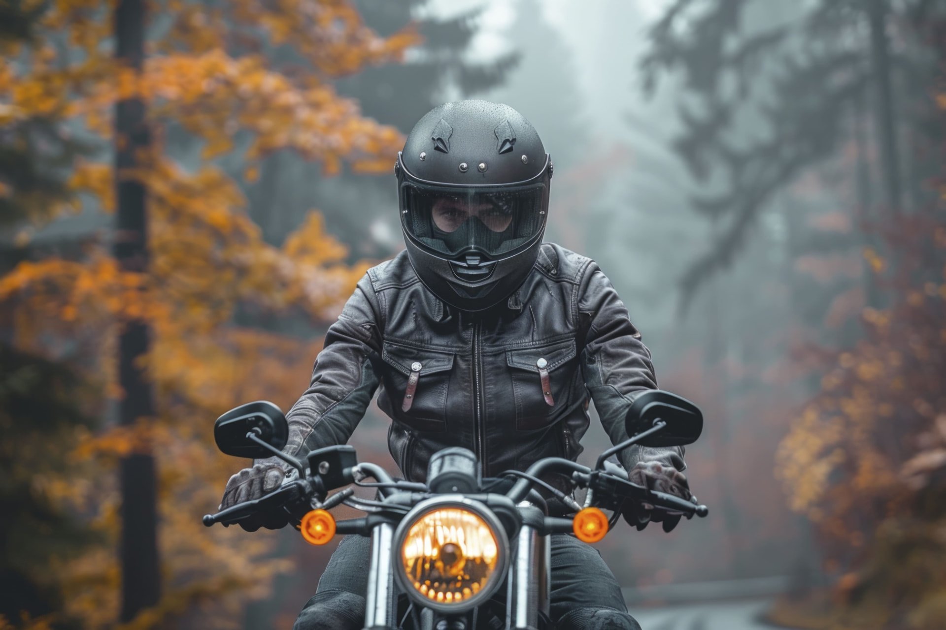 Motard casqué sur sa moto dans une forêt jurassienne brumeuse en automne