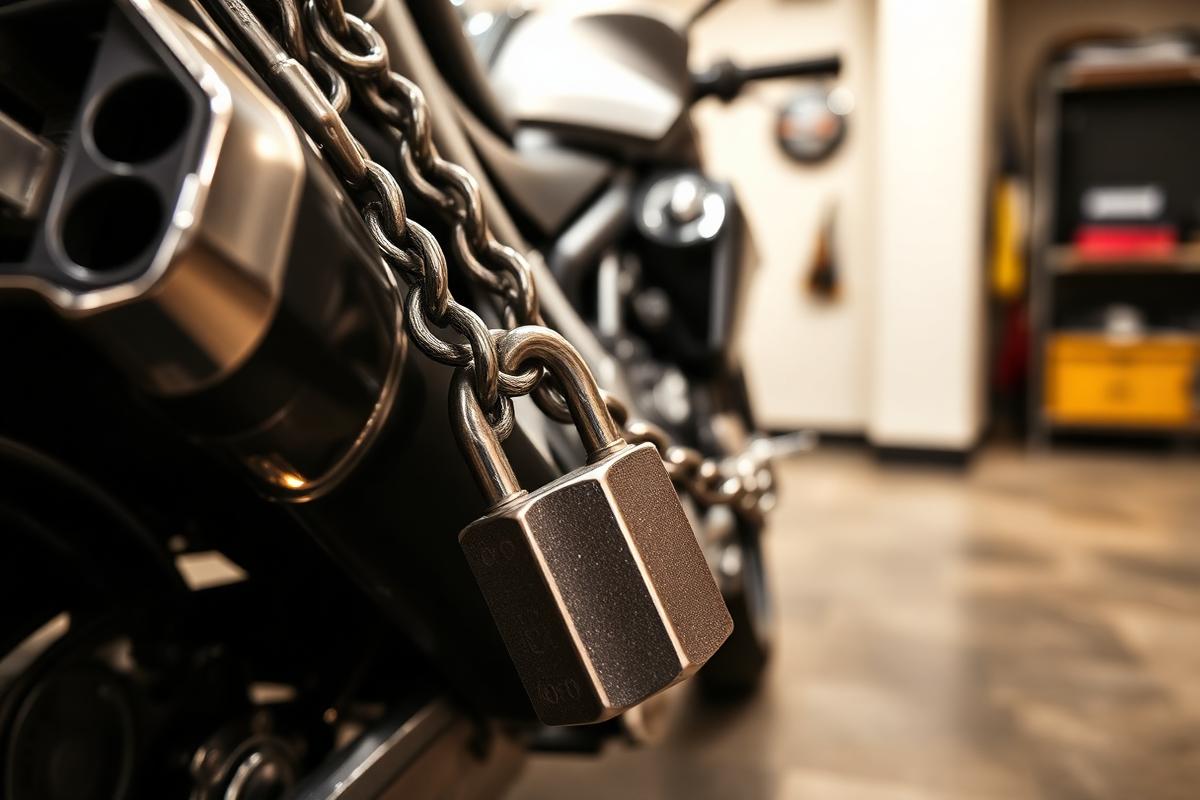 Antivol chaîne verrouillant une moto stationnée dans le Jura